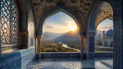 a vast valley with a river winding toward distant mountains at sunrise, no people, no text