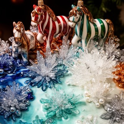 Ornament Rack of Tiny Horses
a collection of christmas ornaments shaped like tiny horses, glossy painted ceramic, metallic highlights, candy cane stripes, hand-painted details, dramatic holiday lighting, rich reds and greens, festive atmosphere