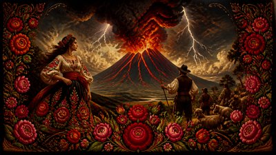 an erupting volcano with lightning strikes, dramatic wide composition, no text
