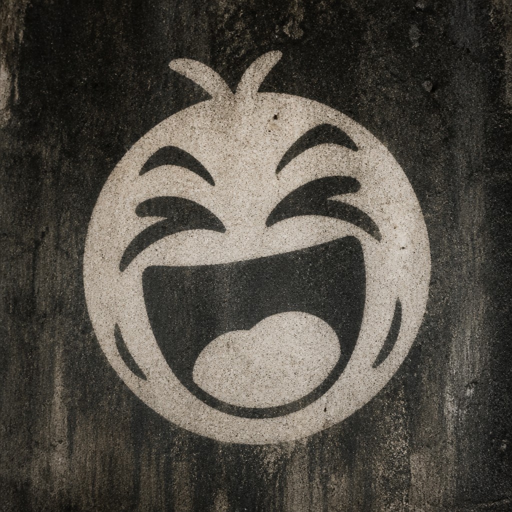 an exaggerated laughing face of an original round mascot character, bold and readable at small size, plain background, no text