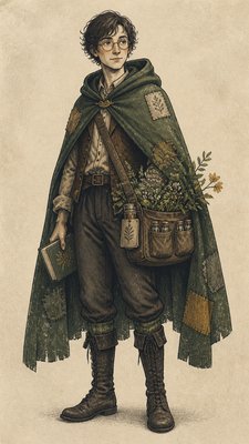 full-body original character: a wandering botanist with a satchel of plants, a patched green cloak, tall boots and round glasses, neutral background