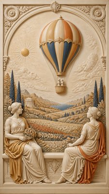 a hot air balloon drifting over rolling flower fields on a sunny day, cheerful, no text