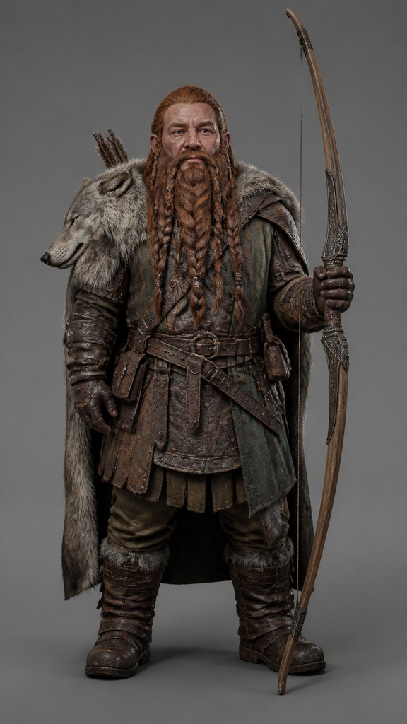 full-body original character: a dwarven ranger with a braided auburn beard, worn leather armor, a longbow and a wolf-pelt cloak, neutral background, no text