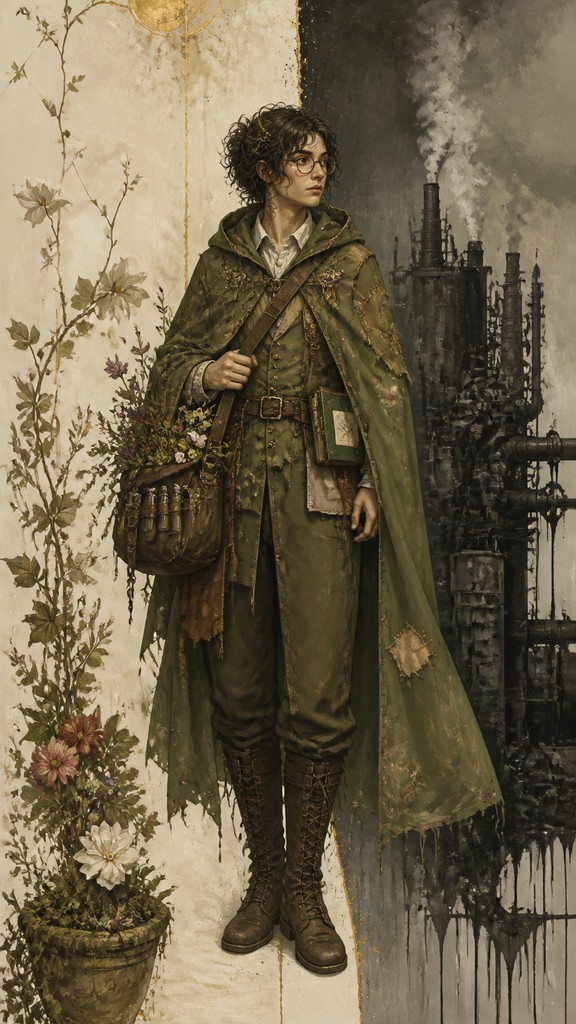full-body original character: a wandering botanist with a satchel of plants, a patched green cloak, tall boots and round glasses, neutral background