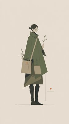full-body original character: a wandering botanist with a satchel of plants, a patched green cloak, tall boots and round glasses, neutral background
