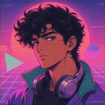 head-and-shoulders portrait of an original character: a young man with curly dark hair and headphones around his neck, plain backdrop, no text