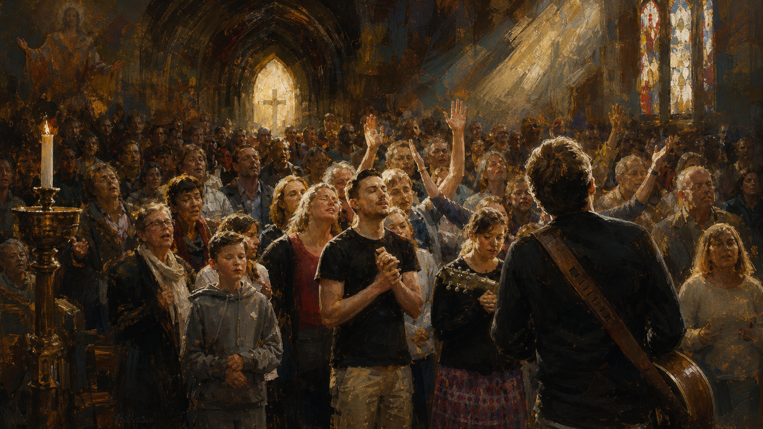 a painting of a group of people in a church