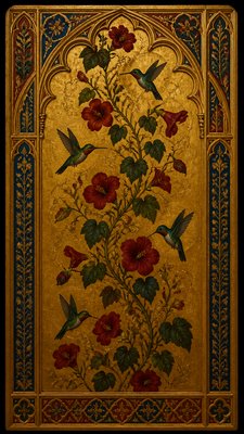 a climbing vine of flowers and hummingbirds on a dark background, tall wrapping composition, no text