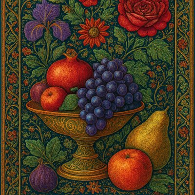 still life arrangement of fruits and flowers