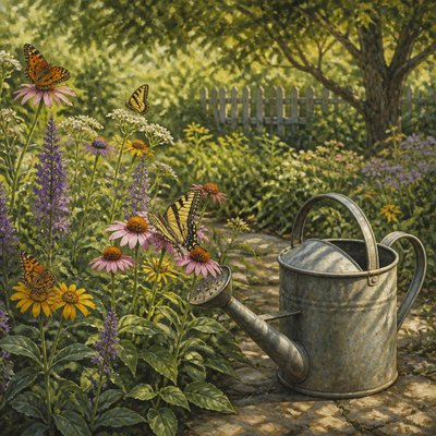 a garden scene with butterflies, flowers and a watering can, clean uncolored line art, no text