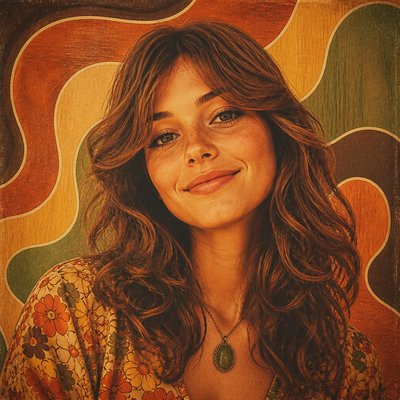 head-and-shoulders portrait of an original character: a young woman with wavy chestnut hair and a warm smile, plain soft backdrop