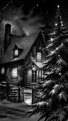 a snow-covered cottage with warm glowing windows beside a decorated pine tree, gentle snowfall, no text