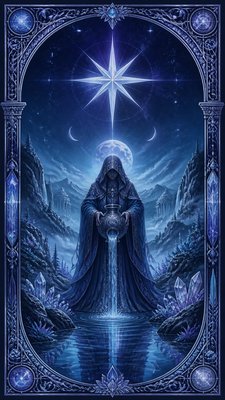 a robed figure pouring water beneath a large eight-pointed star in a night sky, symmetrical composition with an ornate decorative border, no text