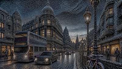 bustling city street panorama at dusk