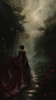 a mysterious forest path with fireflies and drifting mist, atmospheric vertical composition with open space at the top, no text