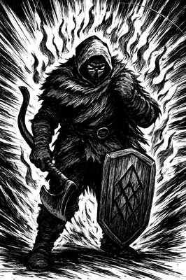 a drawing of a man with a sword and a shield