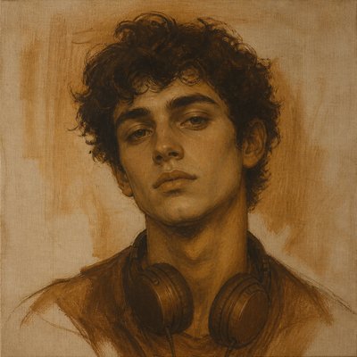 head-and-shoulders portrait of an original character: a young man with curly dark hair and headphones around his neck, plain backdrop, no text