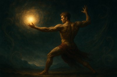 a painting of a man holding a light