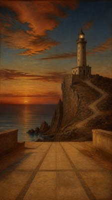 a lone lighthouse on a cliff at dusk under a dramatic sky, no text or lettering