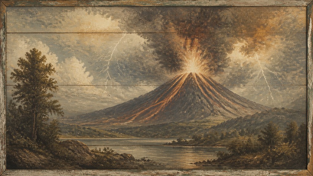 an erupting volcano with lightning strikes, dramatic wide composition, no text