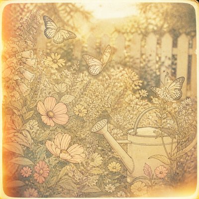 a garden scene with butterflies, flowers and a watering can, clean uncolored line art, no text