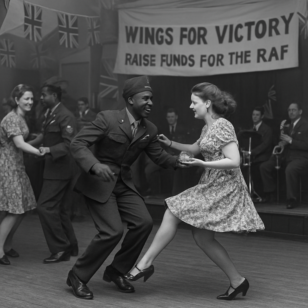 A historically accurate, high-quality black and white photograph from 1943. The scene is a bustling village hall in wartime Britain, decorated with Union Jack flags and a large banner reading, "Wings for Victory - Raise Funds for the RAF."

The focus is on several pairs of dancers on a wooden floor. The main subjects are smartly dressed African American airmen in USAAF uniforms dancing with British women wearing fashionable 1940s floral print dresses. They are engaged in an energetic and joyous moment of the Lindy Hop (or Jitterbug/Swing dancing), characterized by dynamic movement, big smiles, and one pair caught in a mid-air 'breakaway' or 'swing-out' move. In the background, a small jazz band featuring a drummer and saxophone player is visible on a low stage. The atmosphere is warm, integrated, and full of the energy of an exciting, new dance style.