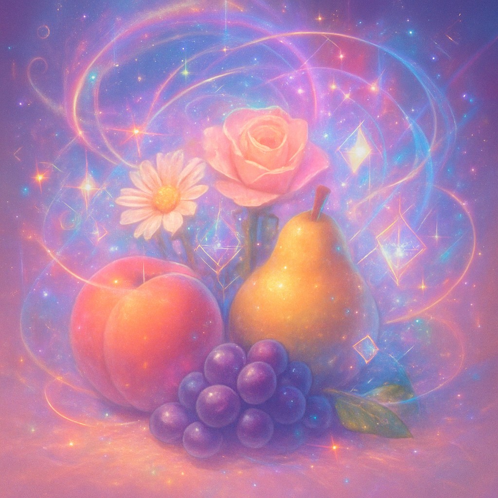 still life arrangement of fruits and flowers