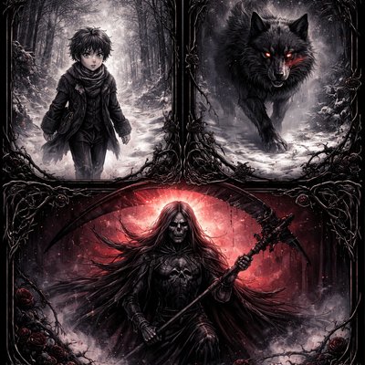 мальчик красивый идет по снегу и видит волка бубегает а затем смерть с красным фоном
