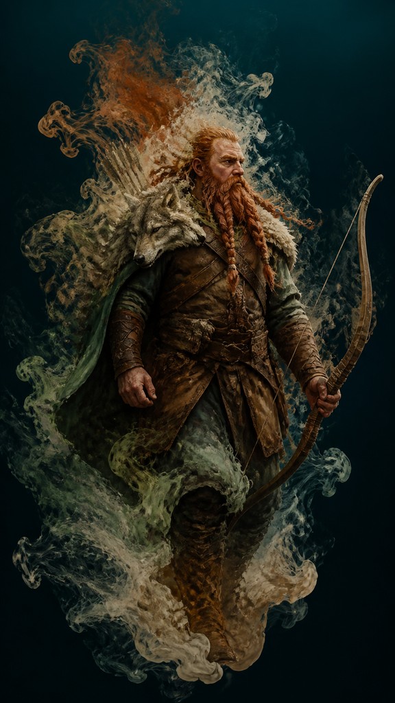 full-body original character: a dwarven ranger with a braided auburn beard, worn leather armor, a longbow and a wolf-pelt cloak, neutral background, no text