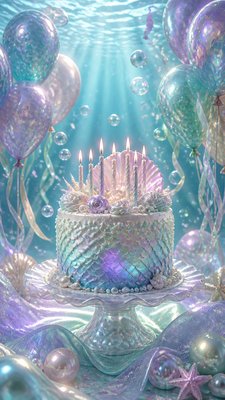 a birthday cake with lit candles surrounded by balloons and confetti, festive vertical composition, no text