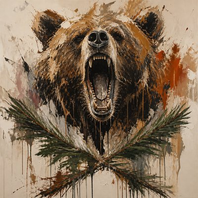 a roaring bear head above crossed pine branches, bold graphic composition on a plain background, no text