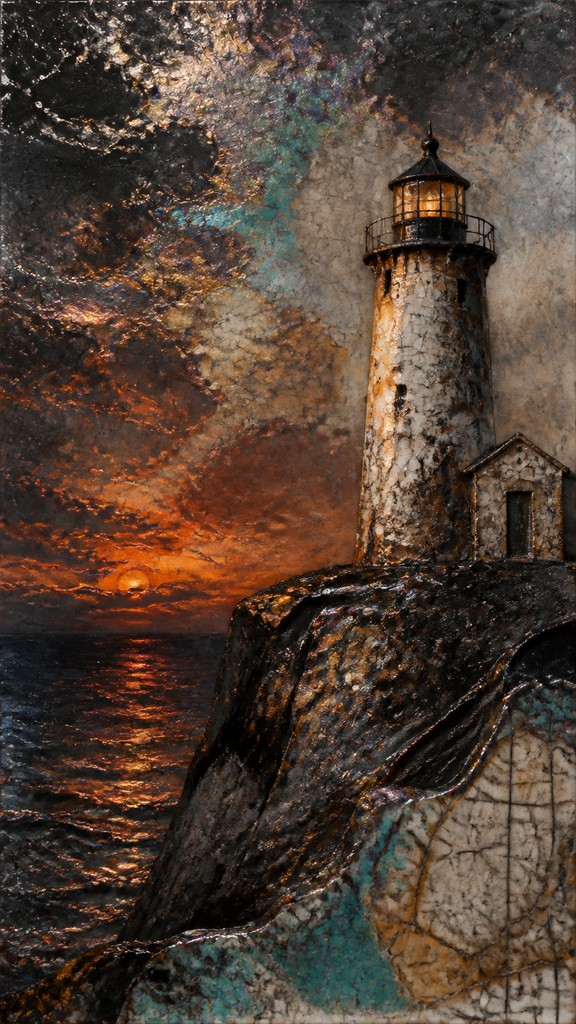 a lone lighthouse on a cliff at dusk under a dramatic sky, no text or lettering
