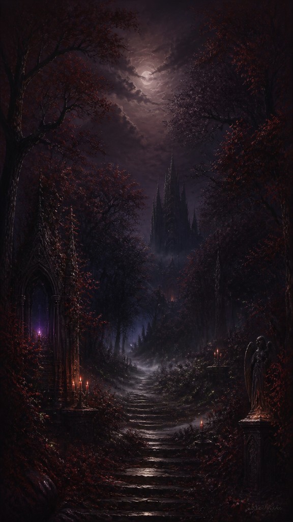 a mysterious forest path with fireflies and drifting mist, atmospheric vertical composition with open space at the top, no text