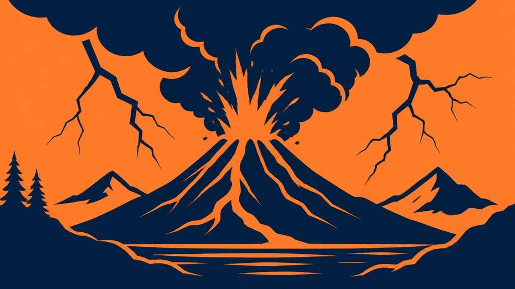 an erupting volcano with lightning strikes, dramatic wide composition, no text
