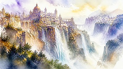 a cliffside city with waterfalls cascading into a misty canyon, wide establishing shot, no people, no text
