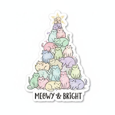  a whimsical christmas tree made of cats, with many small cats stacked on top to form the shape of an xmas star, white background, simple watercolor style, minimalism, pastel tones, simple details, hand-drawn illustration, pasted picture, simple lines, simple drawing style, white background, white space
