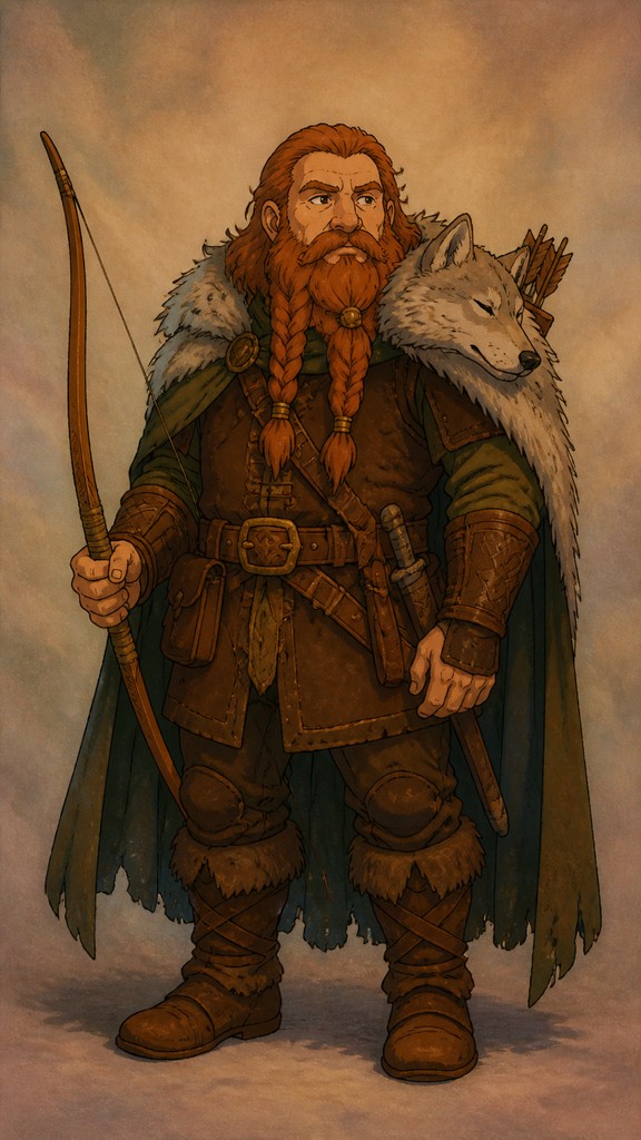 full-body original character: a dwarven ranger with a braided auburn beard, worn leather armor, a longbow and a wolf-pelt cloak, neutral background, no text