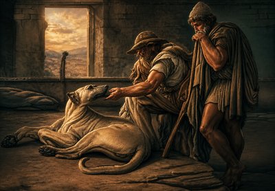 a painting of a man tending to a dog