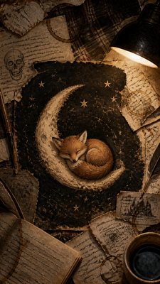 a sleeping baby fox curled on a crescent moon among soft stars, gentle and warm, no text