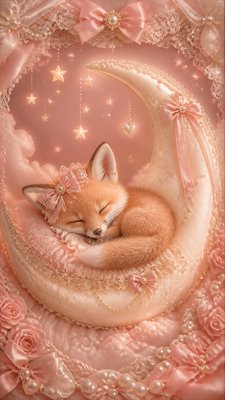 a sleeping baby fox curled on a crescent moon among soft stars, gentle and warm, no text