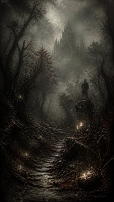 a mysterious forest path with fireflies and drifting mist, atmospheric vertical composition with open space at the top, no text
