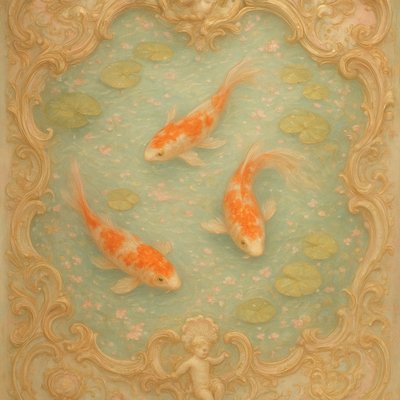 A koi pond seen from above, orange and white koi fish swimming among lily pads, clear water with subtle ripples, fallen cherry blossom petals floating on the surface, dappled sunlight