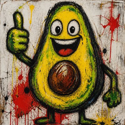 a happy avocado character giving a thumbs up, bold readable design on a plain background, no text