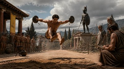ancient greek ignudi pentathlete doing the long jump hand while swing weights 