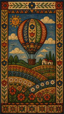 a hot air balloon drifting over rolling flower fields on a sunny day, cheerful, no text