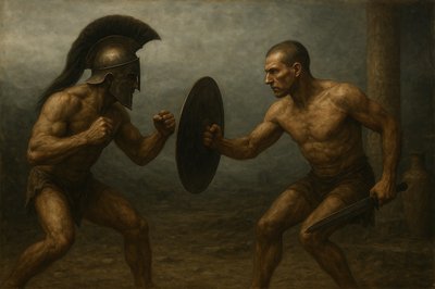 a painting of two men fighting with each other