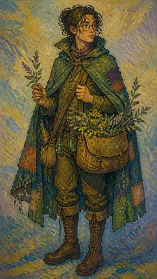 full-body original character: a wandering botanist with a satchel of plants, a patched green cloak, tall boots and round glasses, neutral background