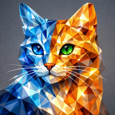 Low-poly geometric portrait of a cat's upper body facing slightly to the right, with shades of blue tones mixed with shades of. orange, brown, and golden yellow shades polygonal facets, with a large blue eye, black pupil, and subtle white highlight. The right eye is  a vibrant green eye, black pupil, and white highlight. Thin white whiskers extend from the muzzle on both sides. Solid medium-gray background. Style: minimalist vector art, faceted like origami or crystal, high contrast, no outlines except subtle edges, symmetrical split for a duality theme.

