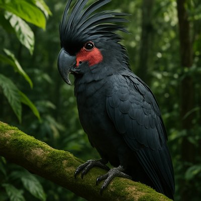 Photorealism Art Style, a magnificent Palm Cockatoo perched majestically on a thick, moss-covered tree branch in its natural environment. Its dramatic, charcoal-black plumage is highlighted, revealing subtle textures, and its distinctive large, fanned crest is partially raised. The bright red cheek patches are vibrant against its dark feathers. The cockatoo is set within a dense, lush tropical rainforest canopy, with vibrant green foliage, exotic leaves, and glimpses of deep jungle shadows in the background. Soft, dappled sunlight filters through the leaves, creating natural highlights on the bird and its surroundings. Focus on intricate feather details, the vivid red of its face, and the rich, humid atmosphere of the rainforest.