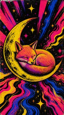 a sleeping baby fox curled on a crescent moon among soft stars, gentle and warm, no text
